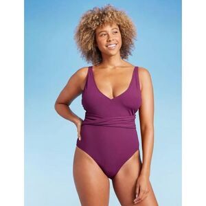 Shade & Shore Ribbed Plunge Twist-Front One Piece Swimsuit Purple Sz. Lg.